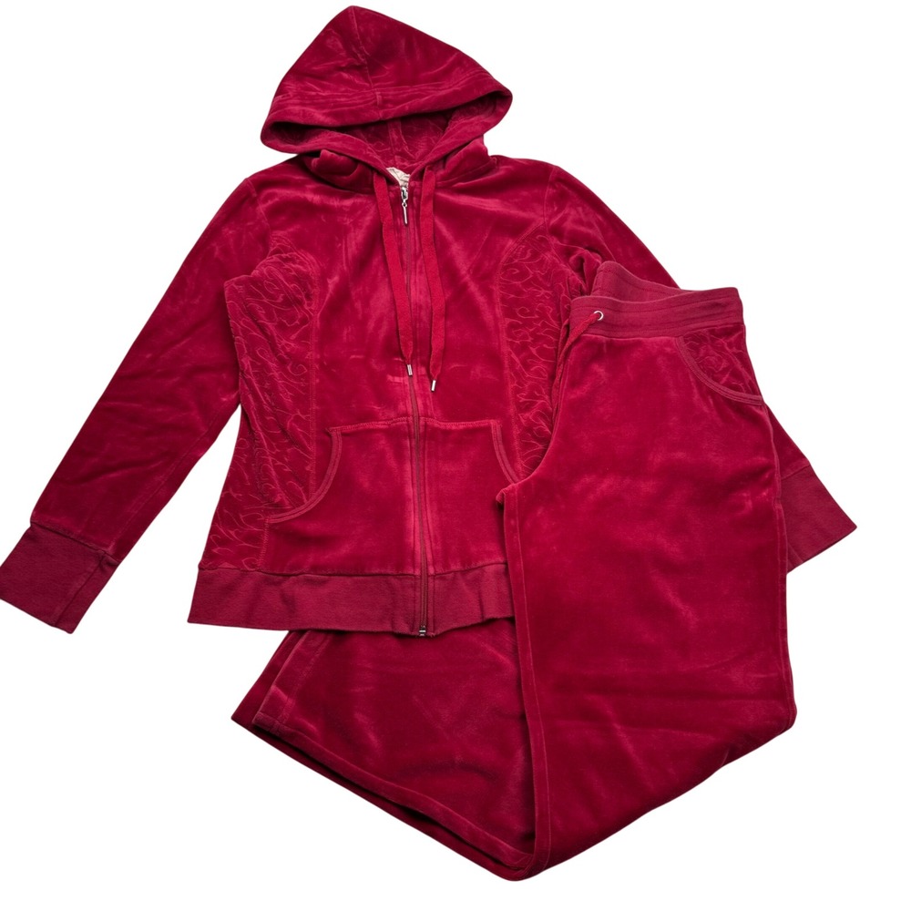 VTG Y2K Sideways Red Velour Tracksuit Set Hoodie Wide Leg Pants Medium MeanGirls